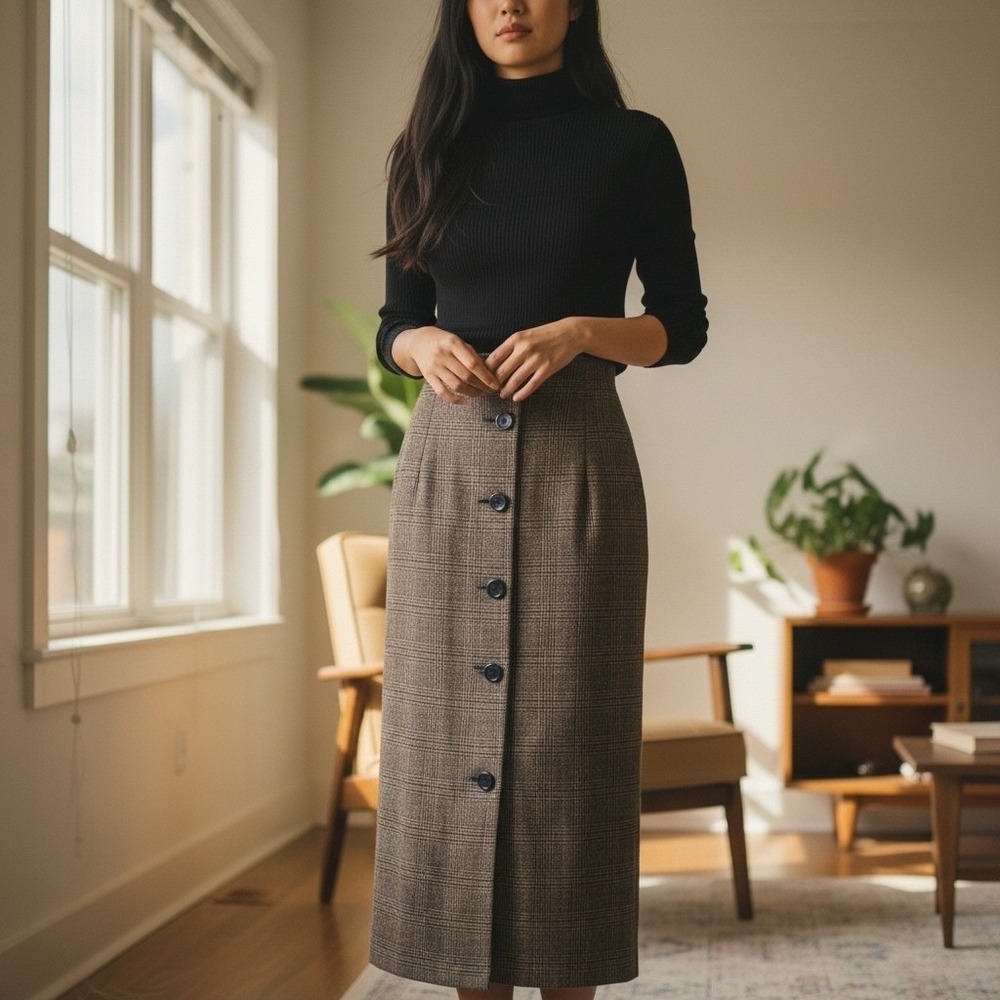 Vintage NYCC Brown Glen‎ Plaid Button Maxi Skirt High Waist Sz 14 80s Academia